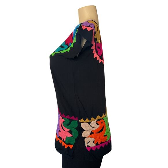 Handmade Mexican Embroidered Black Blouse Tunic Top Birds Flowers Artisan - Picture 4 of 8